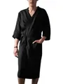 Comfortable men's European style seven-quarter sleeve bathrobe in solid black cotton - S / Robe / Black