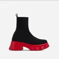 Bottines chaussettes en tricot noir avec semelle plateforme crantée rouge épaisse - 38 / Rouge & Noir