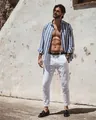 Stylish men's blue and white vertical striped breathable long sleeve beach linen shirt - S / Tops / Light Blue