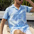Detailed view of men's summer beach shirt with blue leaf print and casual collar - S / Tops / Light Blue