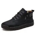 Black men's mid-top leather casual work boots with warm fleece lining and side zipper - 38 / Black