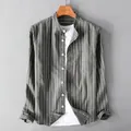Primer plano de camisa informal de lino y algodón a rayas para hombre con cuello mao - S / Tops / Gris