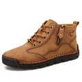 Men's retro leather mid-top work boots with side zipper in brown, ideal for outdoor wear. - 38 / Brown