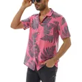 Detail view of men's pink short sleeve shirt with tropical fern leaf pattern print. - S / Tops / Pink
