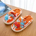 Cozy orange cartoon dinosaur winter slippers for kids featuring Super Cool text - Orange