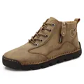 Classic men's retro leather outdoor work boots in brown finish with side zipper detail - 38 / Khaki