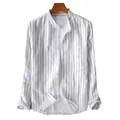 Camisa casual de hombre a rayas verticales de algodón y lino con cuello mandarín - S / Tops / Blanco