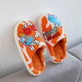 Orangefarbene Kinder-Winterhausschuhe mit Dinosaurier-Print und warmem Plüschfutter - Größe 200 (Innenlänge 18.5cm) / Orange