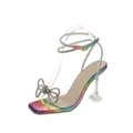 Sandalias de tacón alto arcoíris con lazo de cristal y correas para el tobillo - 35 / Multicolor