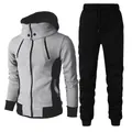 Front view of a grey and black men's casual two-piece tracksuit with hooded jacket - S / Top And Bottom / Light Gray