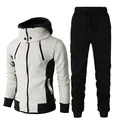 Detail view of men's color-block hooded tracksuit with zip jacket and black jogger pants - S / Top And Bottom / White