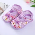 Soft sole floral baby pre-walker shoes featuring cute purple bow details for infants - Floral Purple