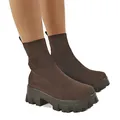 Close-up of dark brown knit fly-knit sock boots with chunky platform lug soles shown on feet - 35 / Coffee