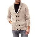 Men's shawl collar double-breasted knit cardigan sweater in beige close-up view - S / Tops / Apricot