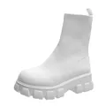 Stylish white fly-knit chunky platform ankle boots featuring a rugged lug sole design - 35 / White