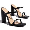 Side view detail of elegant black square-toe chunky high heel sandals with thin straps - 36 / Black