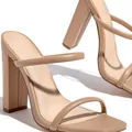 Close-up detail of nude square toe sandals featuring dual straps and chunky high heels - 36 / Khaki