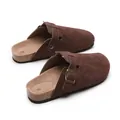 Close-up of brown suede clog slippers with adjustable buckle strap and cork sole. - Coffee