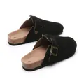 Close-up of black suede closed-toe clogs with adjustable buckle and cork sole - 35 / Black