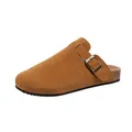 Classic tan suede clogs with adjustable buckle strap and cork sole for unisex comfort - Tan