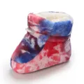 Detailed view of soft tie-dye plush baby winter boot featuring warm fleece lining - Rose Red