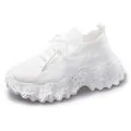 Stylish white fly-knit women's sock sneaker with thick speckled chunky platform sole. - 35 / White