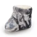 Close-up of plush baby winter boot with soft camouflage pattern and fleece lining. - Gray