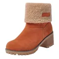 Stylish women's tan suede mid-calf winter boots with chunky heel and faux fur cuff - Orange