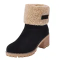 Bottines noires en daim pour femmes avec col en fausse fourrure beige et talon carré - 35 / Noir