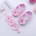 Pink satin infant princess shoes set with matching flower rhinestone headband - Size 11 / Rhinestone Flower (Pink) / Pink