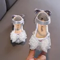 Sparkling silver girls princess sandals featuring a large pearl and rhinestone bow design - 21 / Silver