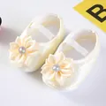 Detailed view of soft-sole cream baby princess shoes with ribbon flower and crystal - Size 11 / Rhinestone Flower Beige (GZ809)