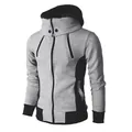 Detailed side view of a grey and black slim fit men's hooded jacket with a high neck - Light Gray