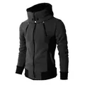 Detailed side view of a men's high-neck hooded jacket in grey and black stitching. - Dark Gray