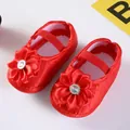 Elegant red satin baby girl princess shoes featuring decorative floral rhinestone detail - Size 11 / Rhinestone Flower Red (GZ809)