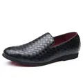 Schwarze gewebte Herren-Loafer aus Leder mit Schlupfdesign und rotem Innenfutter - 38 / Schwarz