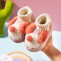 Cute puppy-style pink plush indoor slippers for toddlers with ribbed knit ankle collars. - Pink