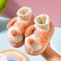 Adorable peach puppy plush toddler slippers with knitted collar for indoor winter wear - Orange