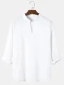 Close-up detail of men's white casual V-neck long sleeve shirt with chest pocket - S / Tops / White