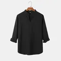 Classic black men's casual long-sleeve V-neck solid cotton shirt with single chest pocket - S / Tops / Black