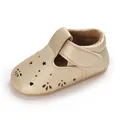 Detailed macro view of gold baby T-strap sandal featuring heart and star pattern perforations - Inner Length 11cm / Gold