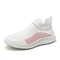 Breathable white flying woven men's sneakers with red stripe accents and lightweight sole. - 41 / White Red
