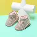 Pink kids snow boots featuring pearl rhinestones decorations and soft plush lining for winter - Pearlescent Pink