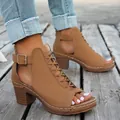 Detailed view of women's brown Roman chunky heel sandals with ankle buckle and peep toe - 38 / Brown