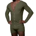 Vista detallada del mono ajustado de manga larga color verde oliva para hombres - Verde