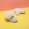 Glittery silver baby girl princess snow boots with fluffy white faux fur trim for winter - Rabbit Fur Beige