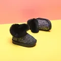 Sparkling black girls' snow boots with plush fur collar for toddler winter comfort - Black
