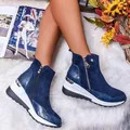 Women's navy blue high-top wedge boots featuring side zipper and crocodile texture - Blue