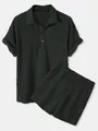 Conjunto casual de verano para hombre camisa de textura gofre de manga corta y pantalón - Negro