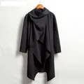 Close-up detail of the layered drape design on a men's long black hooded cloak cardigan. - S / Tops / Black
